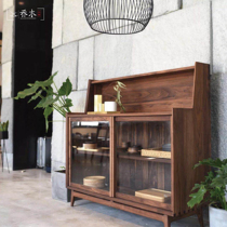 Nordic generation simple black Hu 549 peach oak solid wood storage side bowl current cabinet glass sliding door side cabinet solid wood