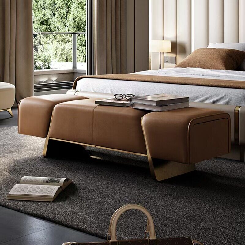 Italian-Style Light Luxury Long Bench, Designer Bedroom Shoe-Changing Bench, Hotel Villa Leather Bed-End Bench, High-End Sofa Bench