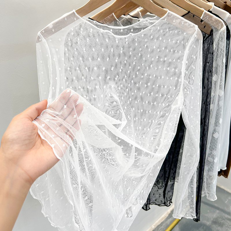 White Lace Base Shirt for Women, Thin See-Through Polka Dot Sun Protection Cover-Up, Mesh Sexy Transparent Top
