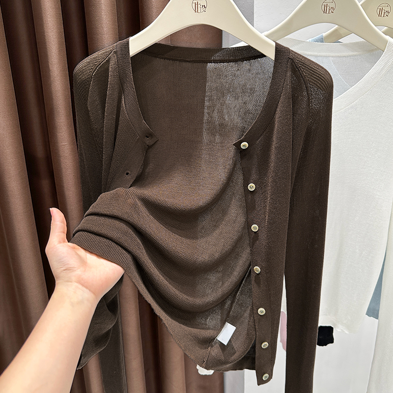Coffee-Colored Knitted Cardigan for Women 2026 New Long-Sleeved Thin Sun-Protective Outerwear with a High-End Feel, Paired with Skirts, Air-Conditioning Shirt Jacket Coffee-Colored Knitted Cardigan for Women 2026 New Long-Sleeved Thin Sun-Protective Outerwear with a High-End Feel, Paired with Skirts, Air-Conditioning Shirt Jacket