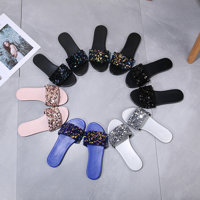 2026 Summer New Fashion Large Size Sandals for Women Korean Style Flat Sequin Fresh Casual Outdoor Beach Shoes