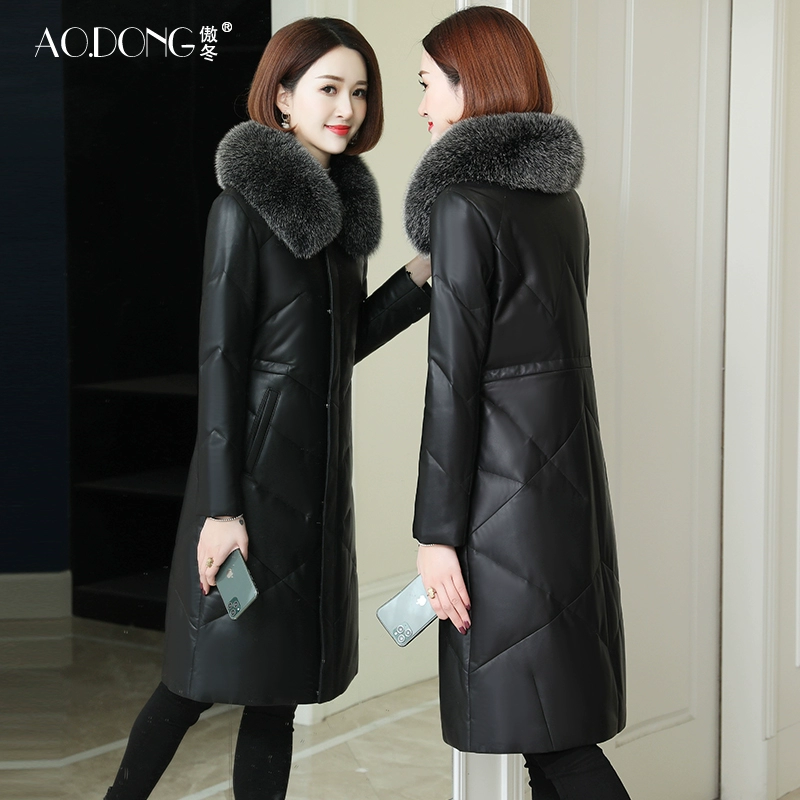 Aodong 2019 áo khoác da mới xuống áo khoác da nữ dài đến giữa da cừu lông cáo cổ áo lông dày - Quần áo da