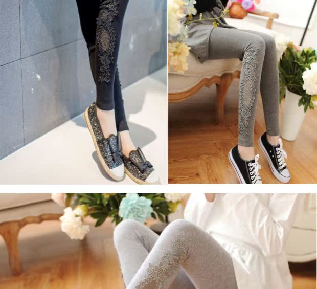 Mùa xuân và mùa thu quần legging mỏng mặc quần cotton nữ kích thước lớn ren chín quần cao eo đen bó chân quần quần ống rộng nữ