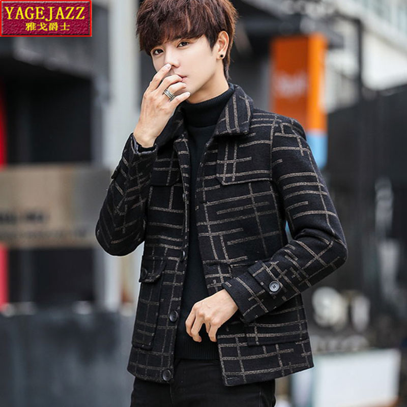 Autumn and winter short plaid trench coat men's Korean suit youth British trend handsome woolen coat men's coat