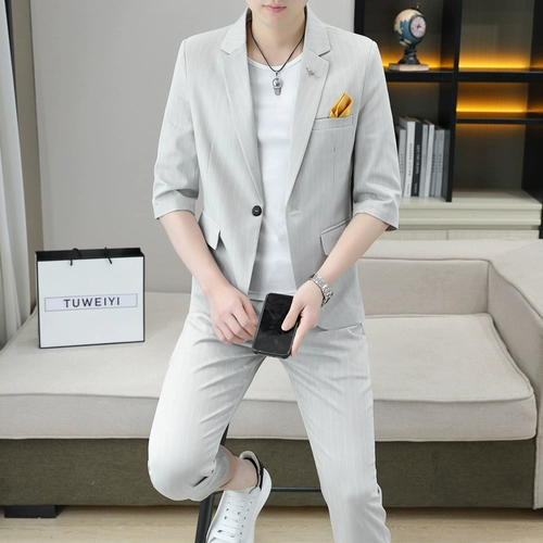 Летний пиджак классического кроя, нарукавники, комплект, облегающий крой, в корейском стиле, короткий рукав