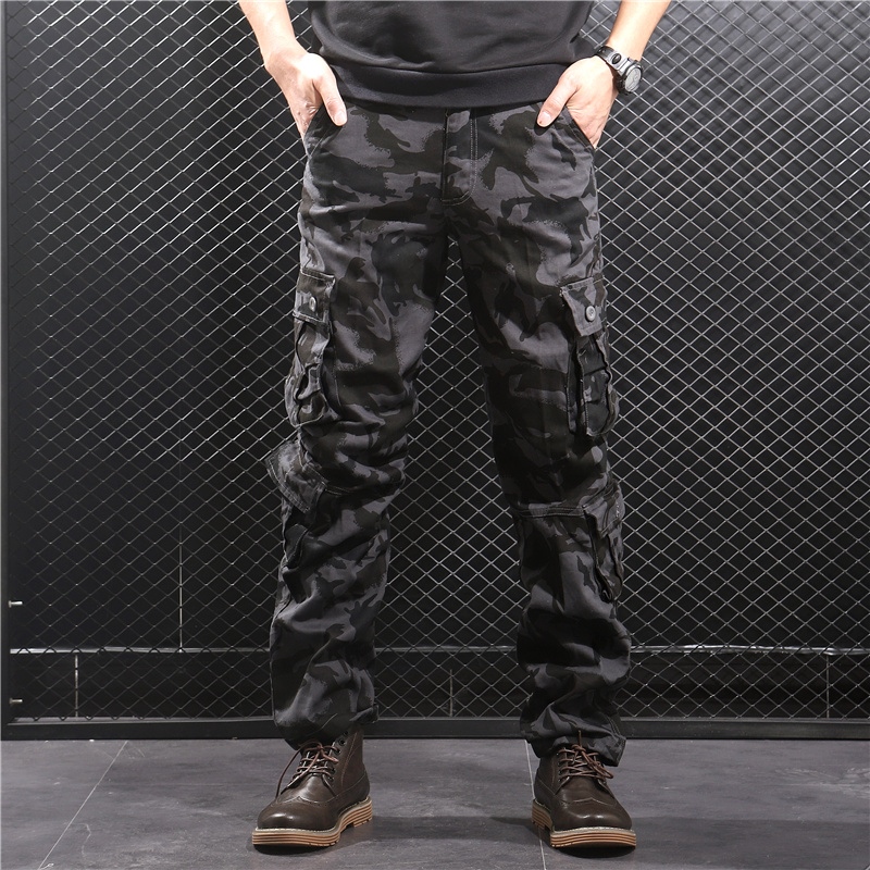 Camouflage Cargo Pants for Men, Spring and Autumn, Multi-Pocket, All-Cotton Casual Pants, Loose Straight-Leg Outdoor Workwear, Durable and Wear-Resistant