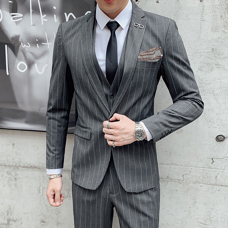 Spring and Autumn Men's Suit Three-piece Korean Slim Small Suit Striped Host Casual Handsome Dress