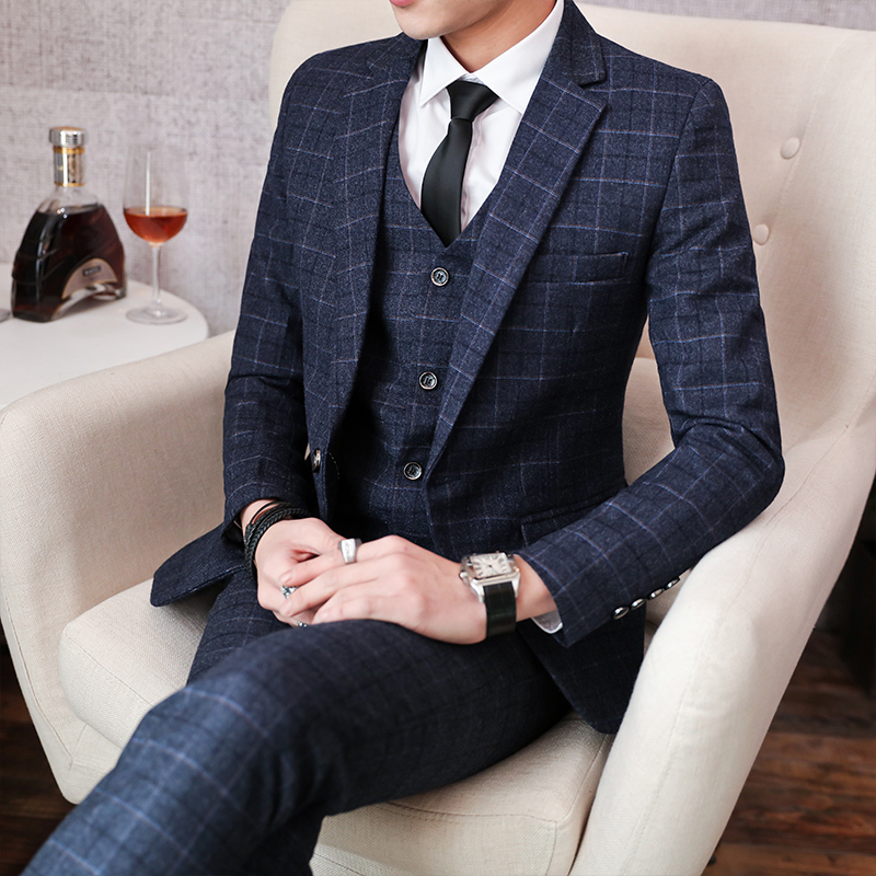 Casual Young Men's Spring and Autumn Slim-Fit Men's Suit Three-Piece Set Korean Style Wedding Groom's Suit Handsome