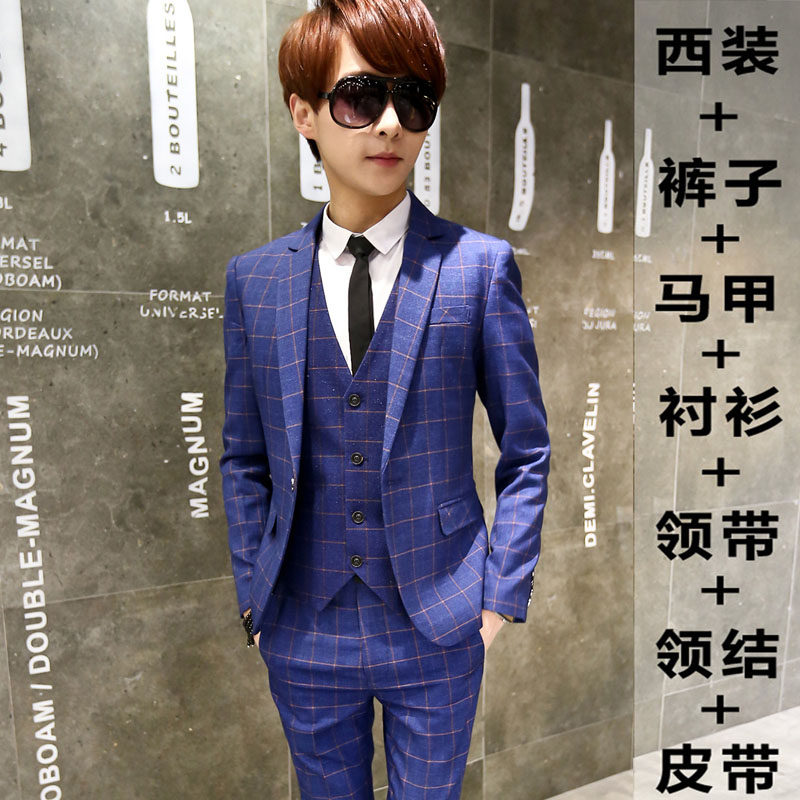 Teen men's little western suit suit Korean version of suit Three sets wedding groom groom bridegroom gown-Taobao
