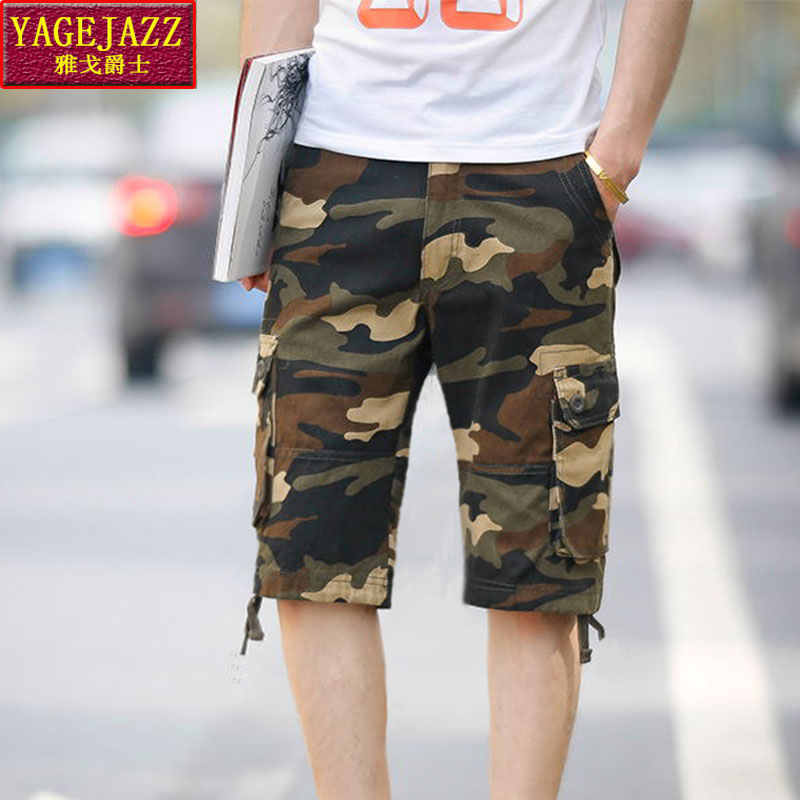 Summer wear-resistant shorts cotton casual large size loose five-point pants Multi-pocket overalls Camouflage pants 7-point pants