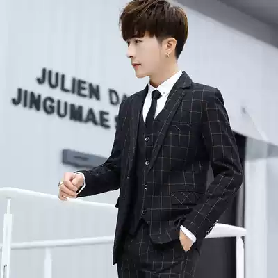 Men's suit three-piece suit trend Korean slim-fit handsome plaid small suit business casual formal dress