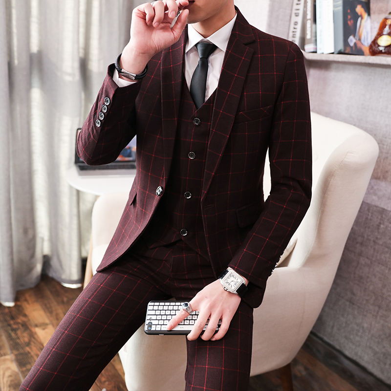 Suit suit men's Korean version slim plaid small suit men's three-piece youth wedding groom best man dress tide