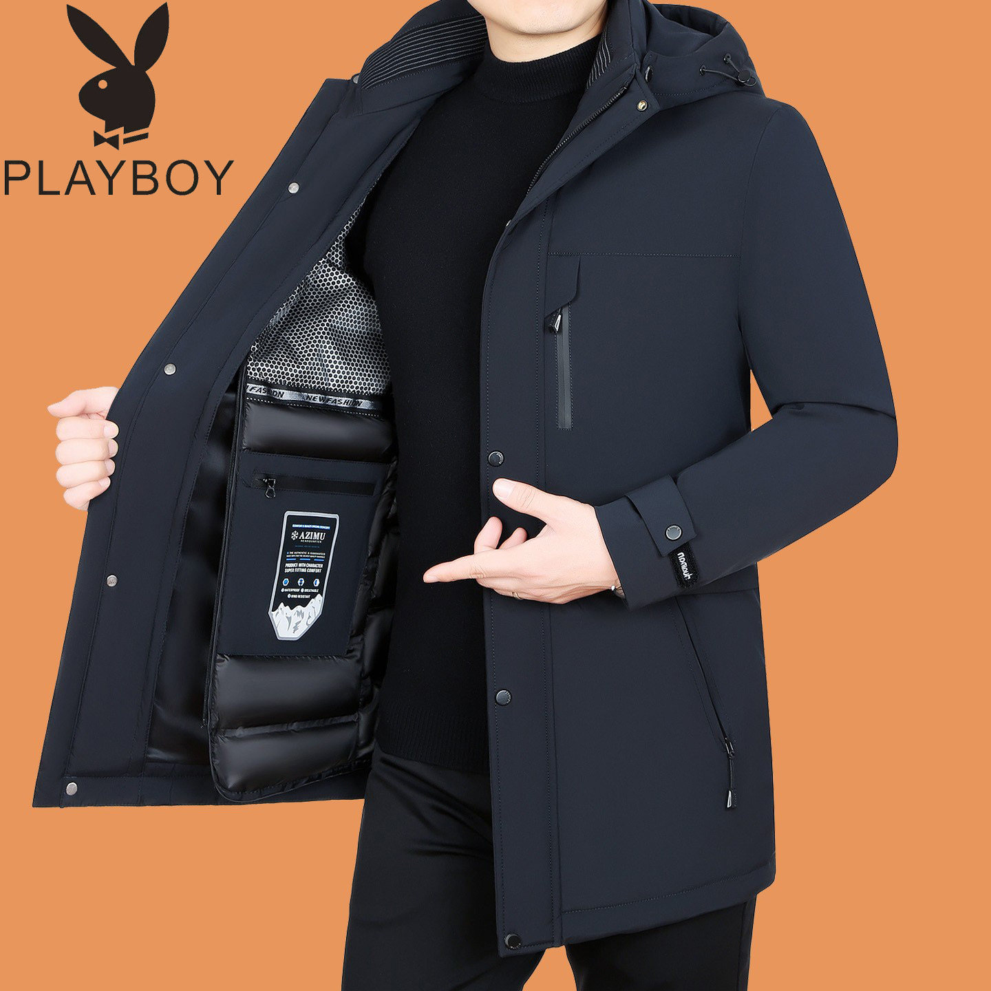 Зимний новый стиль Playboy, съемная подкладка из утолщенного гусиного пуха, мужской пуховик средней длины Parker suit