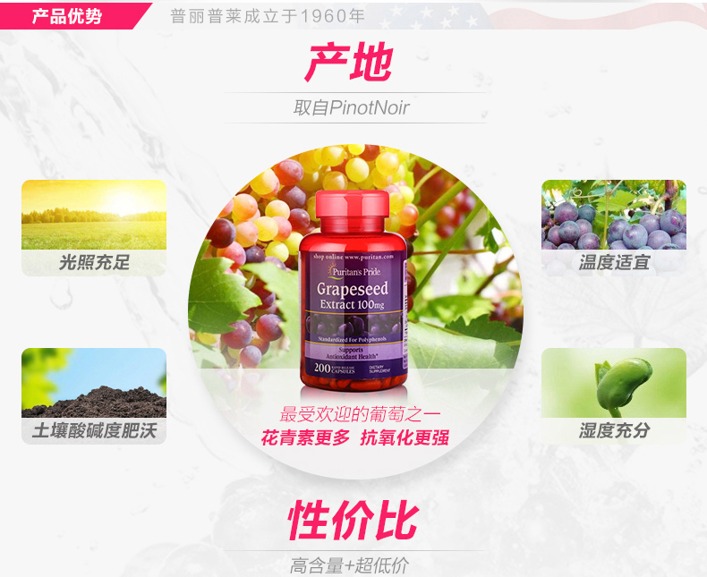 Chiết xuất hạt nho Priley 100mg * 200 Sản phẩm sức khỏe Hoa Kỳ Nữ chính hãng - Thức ăn bổ sung dinh dưỡng thực phẩm chức năng bổ mắt