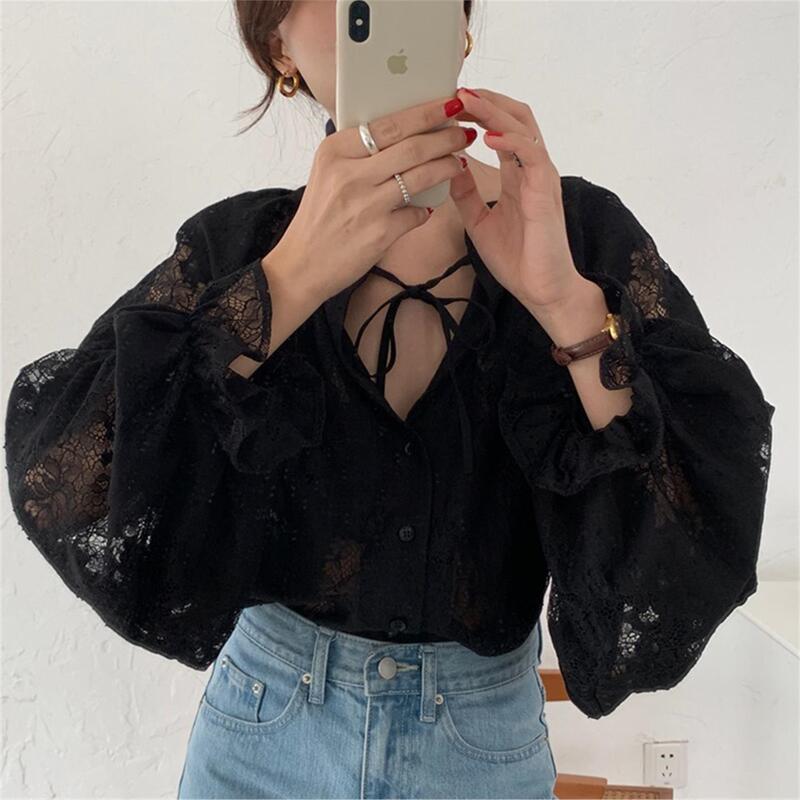 Wholesale Spring and Autumn Korean Chic Retro Palace-Style Collared Shirt with Delicate Design, Loose Fit, Embroidered Lace, and Lantern Sleeves