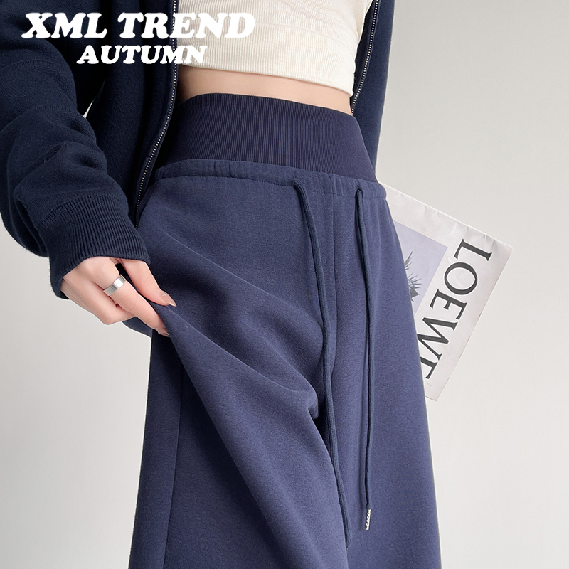 American-Style Navy Blue Double-Waist Sweatpants for Women, Autumn and Winter Thickened Fleece-Lined High-Waisted Loose Wide-Leg Casual Pants