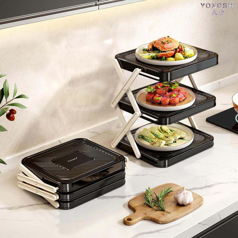 Kitchen Prep Storage Rack, Multifunctional Countertop Organizer for Plates, Foldable Multi-Layer Hot Pot Ingredient Rack