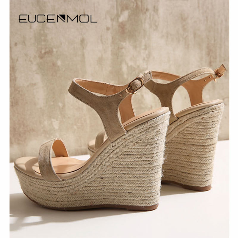 Genuine Leather Straw Wedge Sandals for Women, Summer 2026 New Style, High-Heeled Roman Platform, Thick-Soled Nude-Colored Platform Shoes