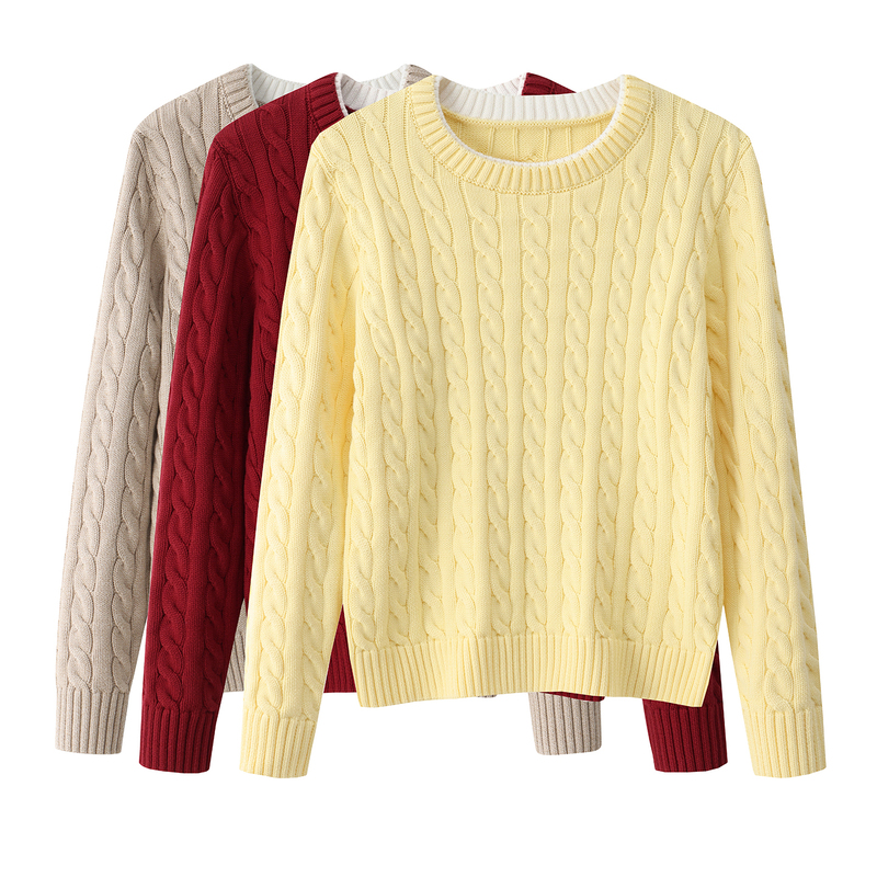 100% Pure Cotton Sweater for Women, Round Neck, Cable Knit, Light Yellow, Thickened, Warm, Loose Fit, Inner Layer, Autumn and Winter Knitwear, Base Layer