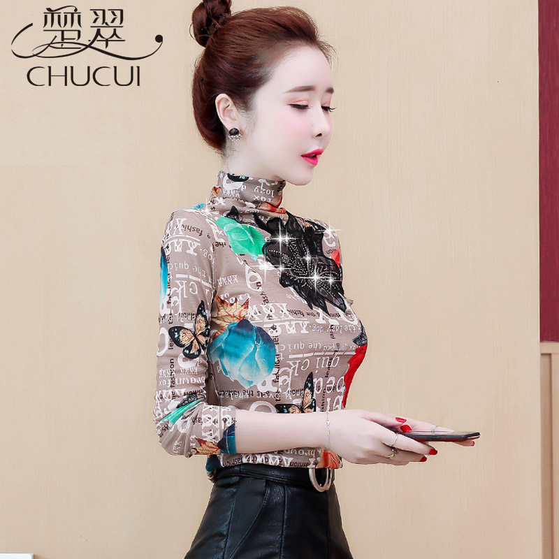 High-neck plus velvet thick bottoming shirt women's autumn and winter 2022 trendy style with beautiful long-sleeved top clothes new T-shirt