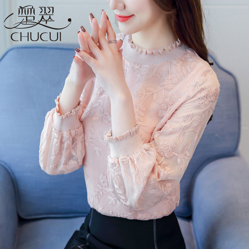 Plus velvet lace bottoming shirt women's autumn and winter 2022 new chic western style inner top fashion all-match high-end small shirt