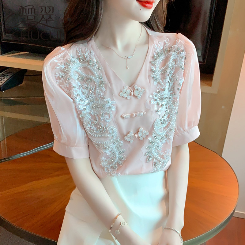 Shiffon cheongsam, summer clothing, retro jacket, shirt, T-shirt, V-neckline, puff sleeves Shiffon cheongsam, summer clothing, retro jacket, shirt, T-shirt, V-neckline, puff sleeves
