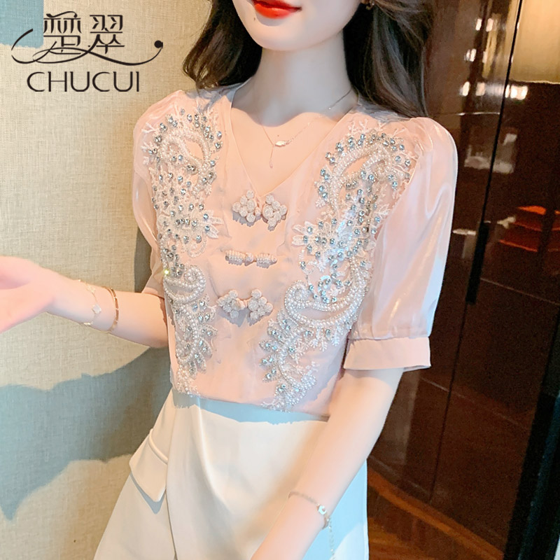 Shiffon cheongsam, summer clothing, retro jacket, shirt, T-shirt, V-neckline, puff sleeves Shiffon cheongsam, summer clothing, retro jacket, shirt, T-shirt, V-neckline, puff sleeves