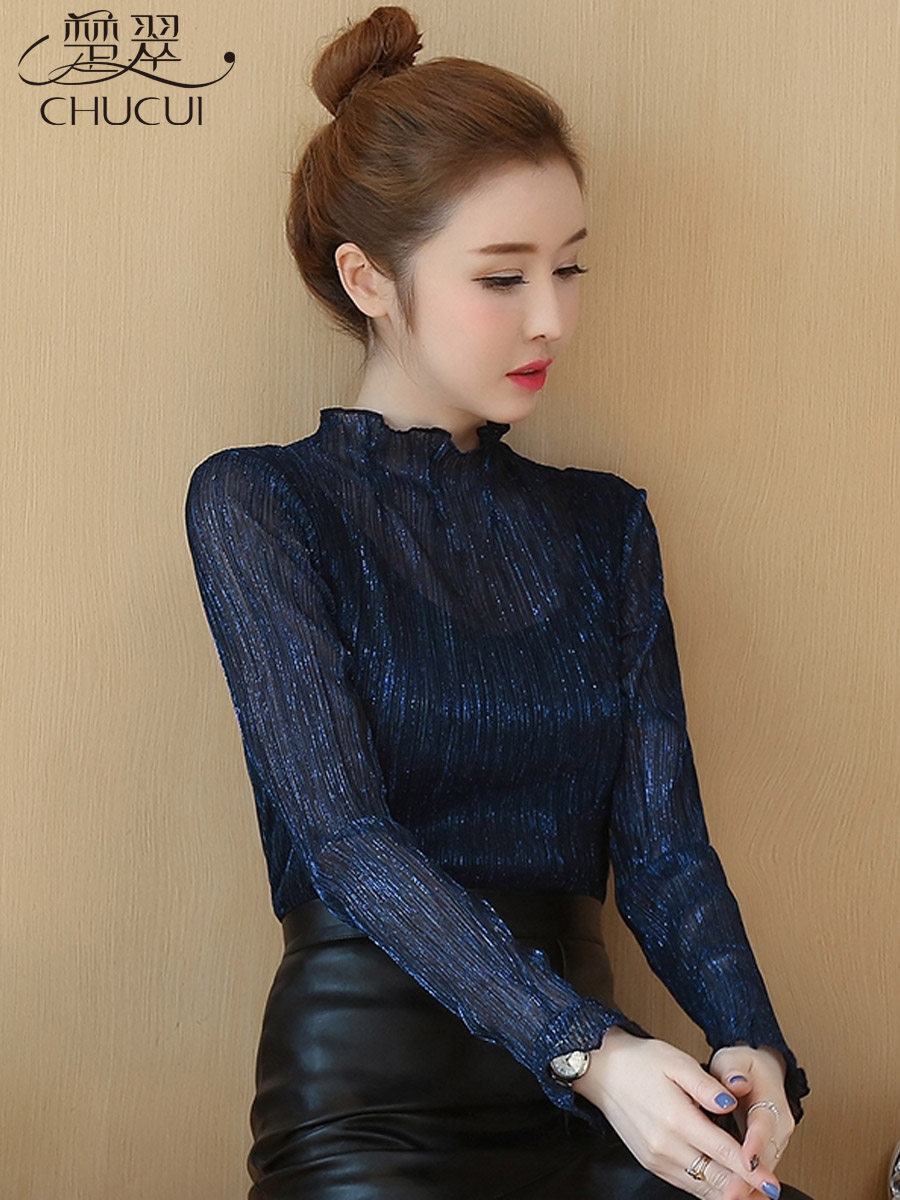 Half-collar lady's shirt in spring screen mesh lace sweater with a half-tall lady's tops