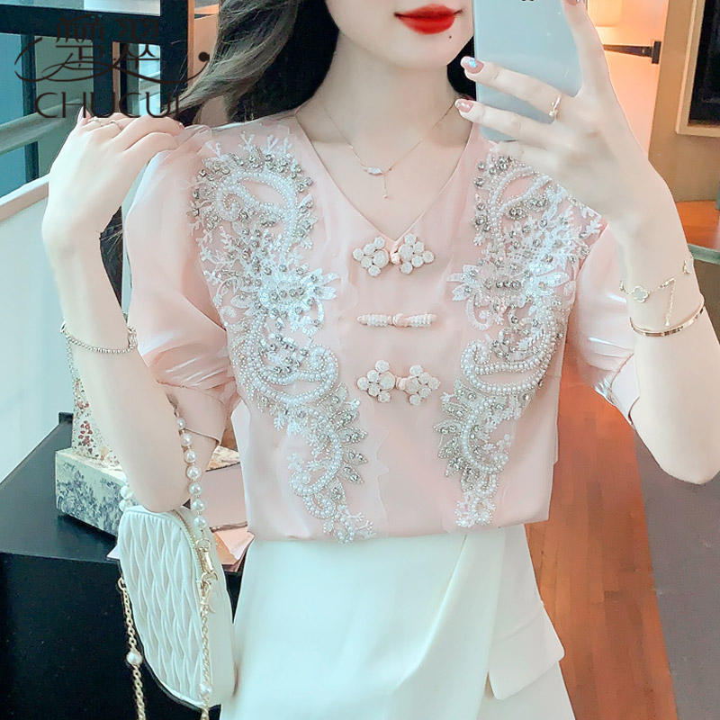 Shiffon cheongsam, summer clothing, retro jacket, shirt, T-shirt, V-neckline, puff sleeves Shiffon cheongsam, summer clothing, retro jacket, shirt, T-shirt, V-neckline, puff sleeves