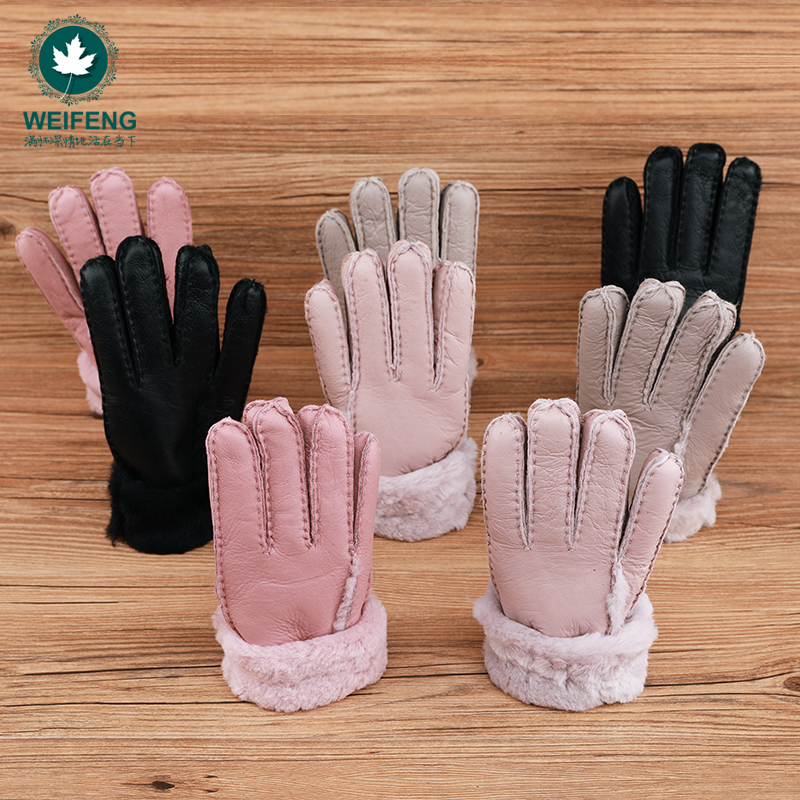 Weifeng sheep fur all-in-one gloves women's winter cycling thickened warm windproof gloves cold-proof skiing outdoor leather gloves