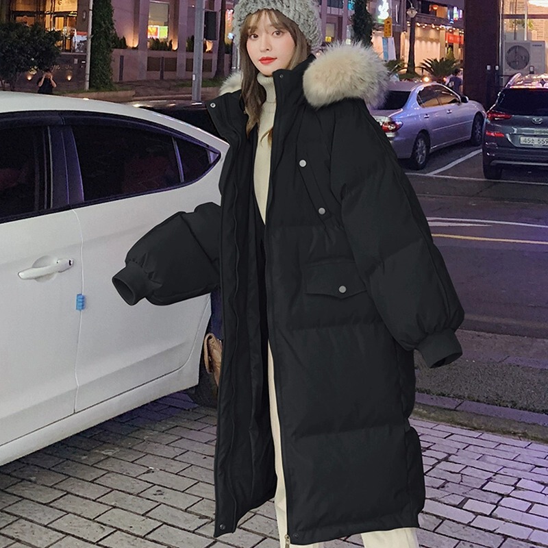 Black Mid-Length down Jacket for Women 2024 New Style Fleece-Lined Thickened Cotton Coat Loose Fashionable Cotton-Padded Over-The-Knee Jacket