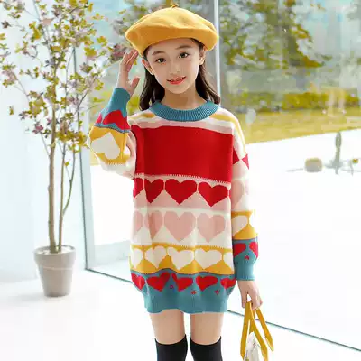 Girls 'autumn clothes thickened girls' dresses Autumn and winter love knitwear long version of Korean girls loose sweater skirt