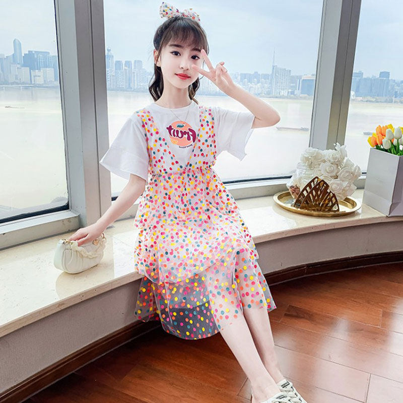 Girls summer dress new Korean version of the polka dot foreign girl short sleeves fake two pieces of children's mesh skirt children's clothing