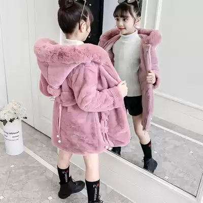 Korean girls ' wool coat medium and long version plus velvet thickening children's western style Korean fur coat autumn and winter girl coat