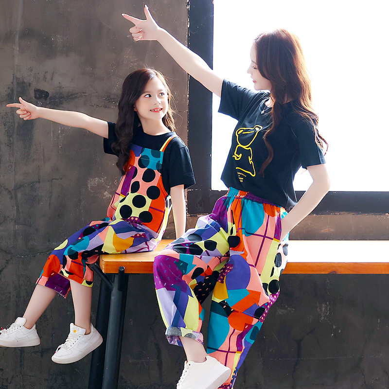 Fried Street parent-child dress summer suit girl Summer thin short sleeve foreign mother women's casual two-piece suspenders