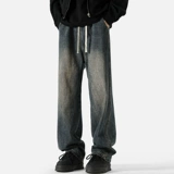 Демисезонные ретро джинсы, повседневные брюки, в американском стиле, эластичная талия, на шнурках