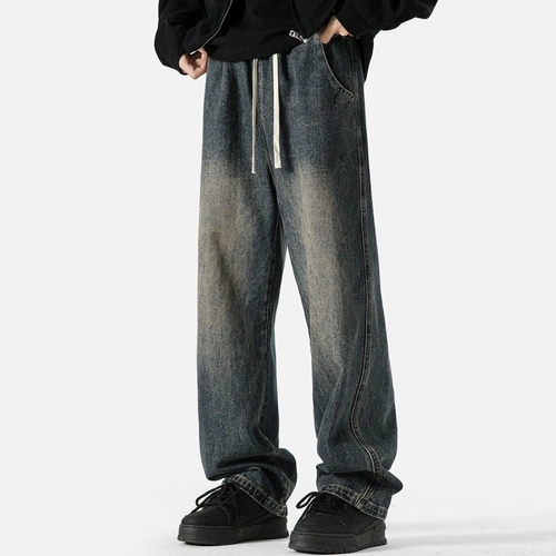 Демисезонные ретро джинсы, повседневные брюки, в американском стиле, эластичная талия, на шнурках