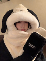 Cute bear cartoon plush hooded scarf for women winter warm gloves hat scarf one-piece three-piece set