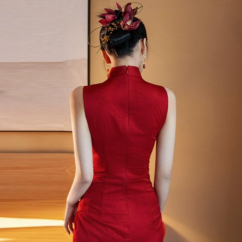 Элитное ципао для невесты без рукавов, красное вечернее платье, свадебное платье, китайский стиль