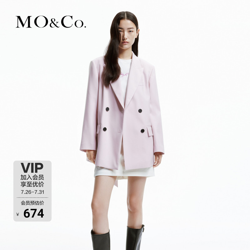 【Moco Outlet】Spring and Autumn Notched Lapel Double-Breasted V-Neck Tie Loose H-Line Blazer by Moanke