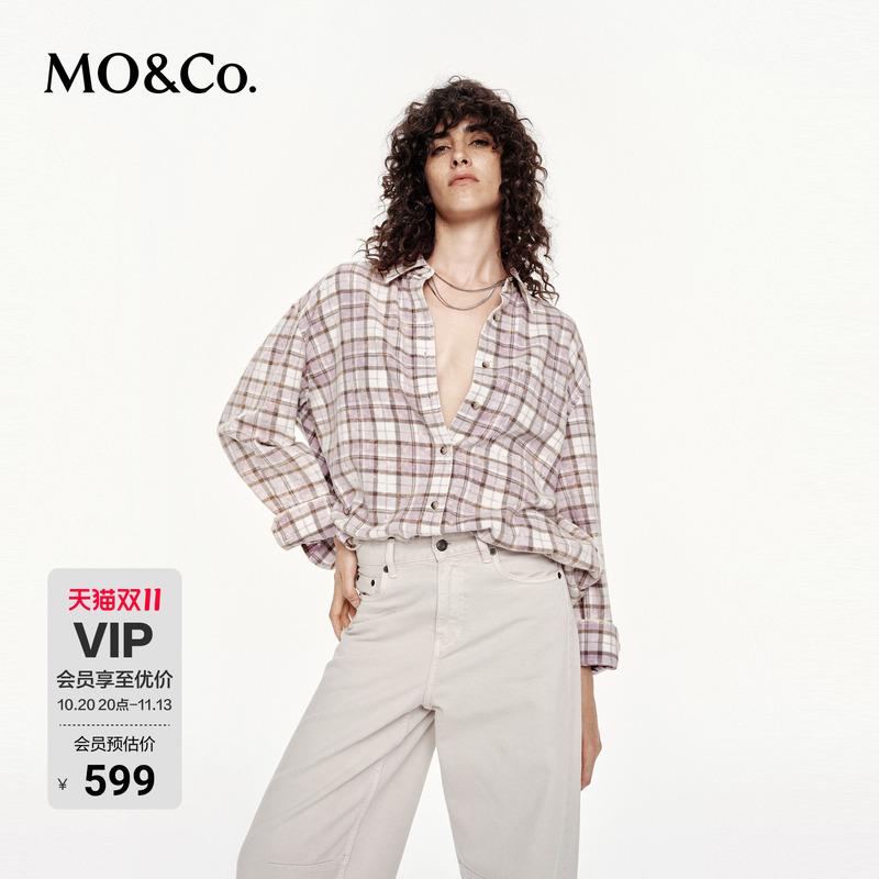 Moco Shirt with a Washed-Out, Faded, Misty Velvet Texture, Long-Staple Cotton, Purple Plaid, Loose Fit, Lazy Boyfriend Style, Mo&Co Moco Shirt with a Washed-Out, Faded, Misty Velvet Texture, Long-Staple Cotton, Purple Plaid, Loose Fit, Lazy Boyfriend Style, Mo&Co