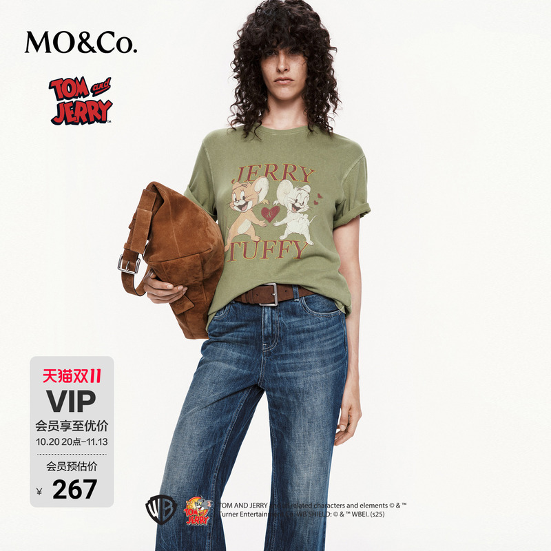 【Moco Outlet】Short-Sleeve T-Shirt Mo&Co. Tom and Jerry Collaboration Series Distressed Washed Cotton
