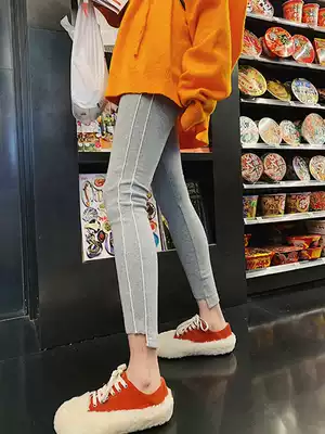 Pregnant women's inner pants spring and autumn thin models wear gray notch stripes sports small feet tight nine-point pants spring and summer
