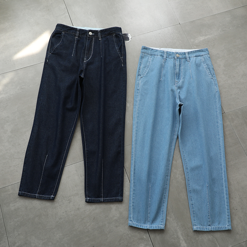 Foreign trade factory shipping Japanese retro red label water washing blue cone small feet denim radish ankle-length pants tide man