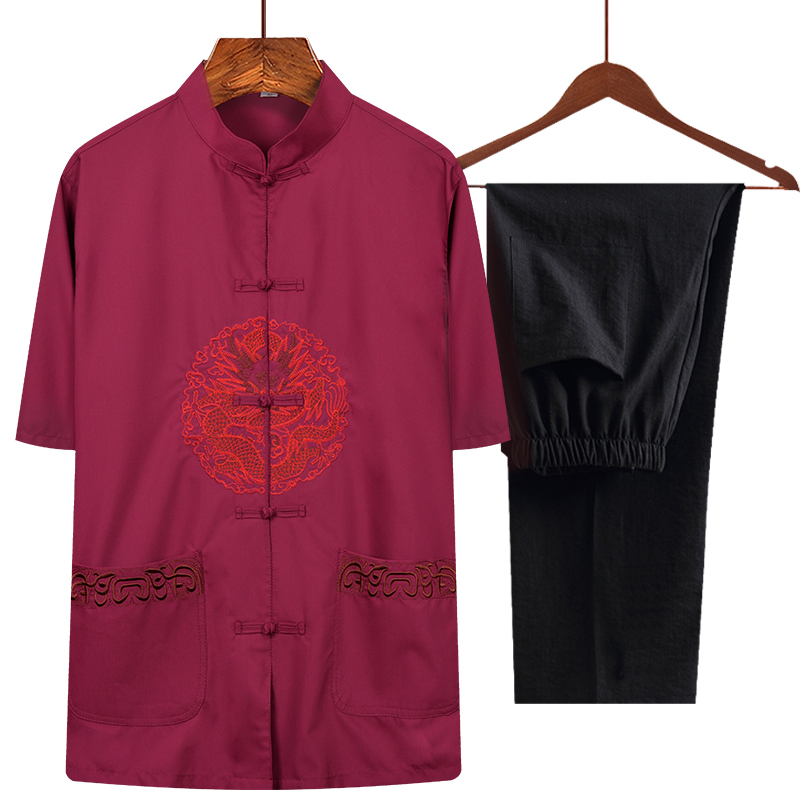 Chinese style grandpa summer clothes elderly Tang suit short-sleeved suit male silk shirt 80-year-old old man clothes birthday birthday