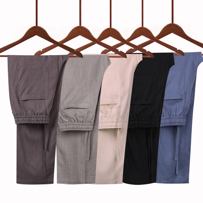 Chinese style linen trousers middle-aged and elderly loose summer thin section Chinese ancient style grandpa casual old man Tang suit pants
