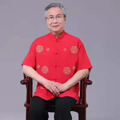 Middle-aged and elderly Tang suit male dad summer dress short-sleeved old man clothes Chinese style grandpa Ma Bing Silk festive evening wedding suit