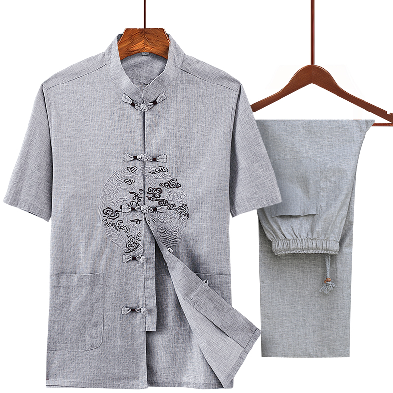 Linen Tang suit men's middle-aged and elderly short-sleeved suit summer Chinese style embroidered shirt dad 50-year-old ancient style old man's clothes