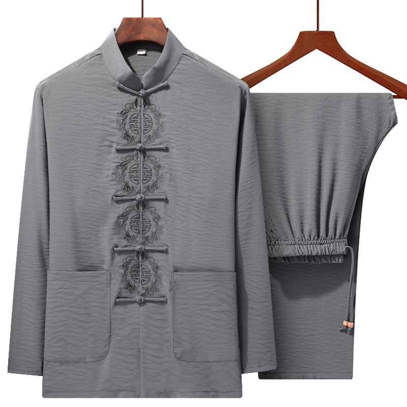 Middle Aged Tang Dress Man Long Sleeve Spring Autumn Suit Grandpa Dress Cotton Numb Daddy 60 Year Old China Wind Old Man Birthday Clothes