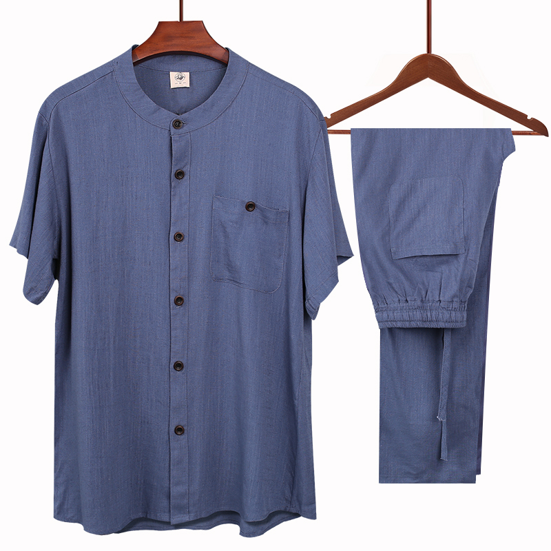 Linen Men's Clothing Daddy Short Sleeve Middle Aged Cotton Linen Shirt Suit Loose Thin Grandpa Summer Clothing 70 Year Old Clothes